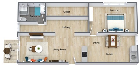 Floor plan for 1 bed, 1 bath, 650 sqft